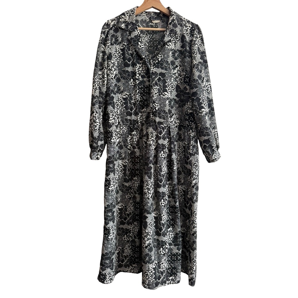 Vintage Breli Originals Black White Abstract Floral Midi Shirt Dress SZ 12 USA